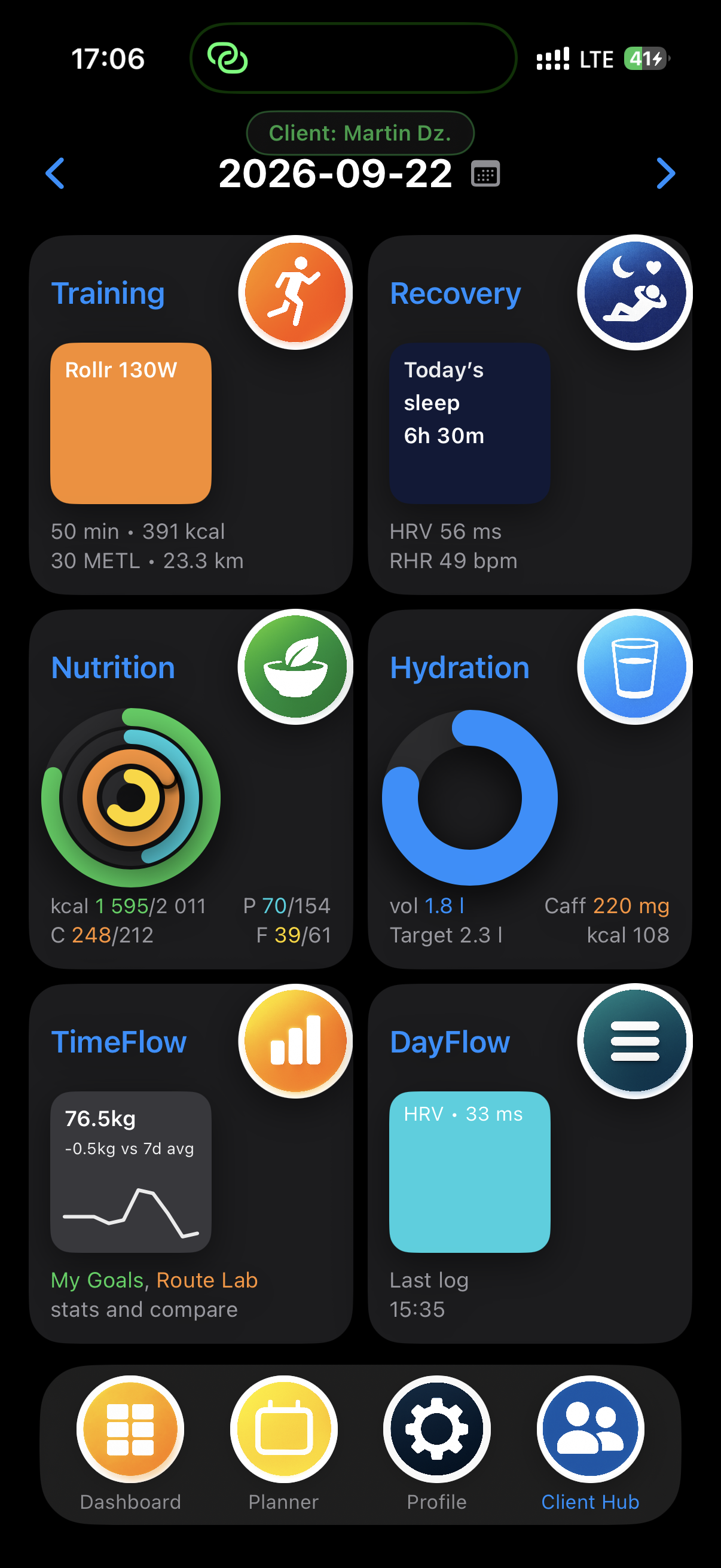 MEtrcs Client Hub showing an athlete dashboard inside the coach app with client name badge