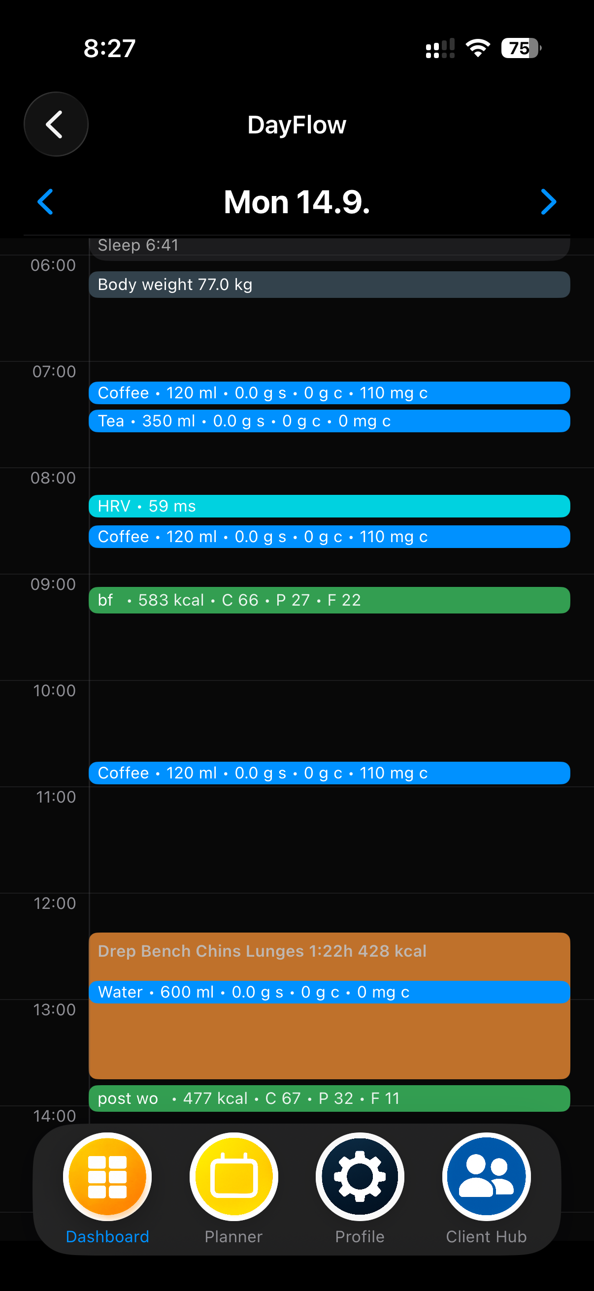 MEtrcs DayFlow showing sleep, HRV, meals, hydration, body weight and training on one chronological timeline