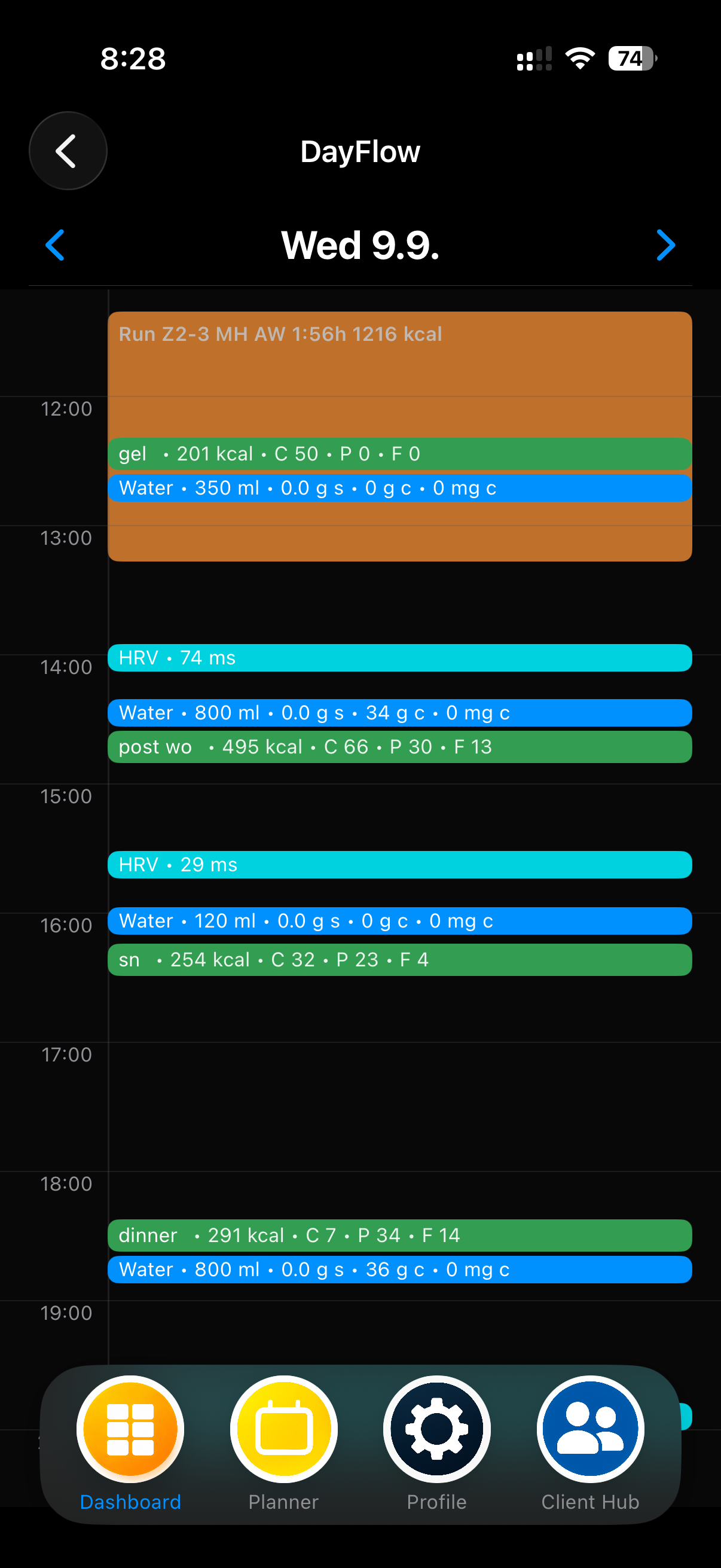 MEtrcs DayFlow showing another athlete day and its complete chronological context