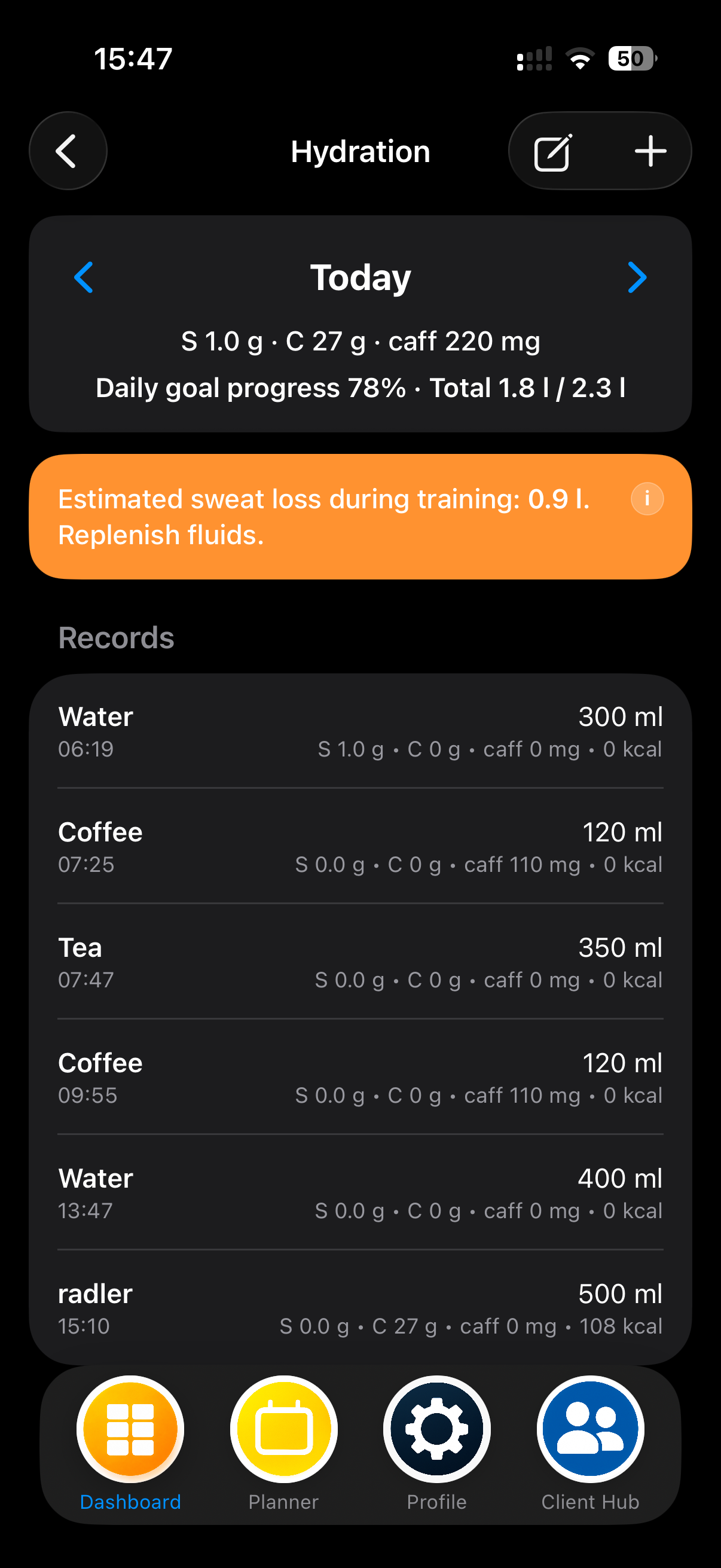 MEtrcs DayFlow showing timestamped nutrition and hydration