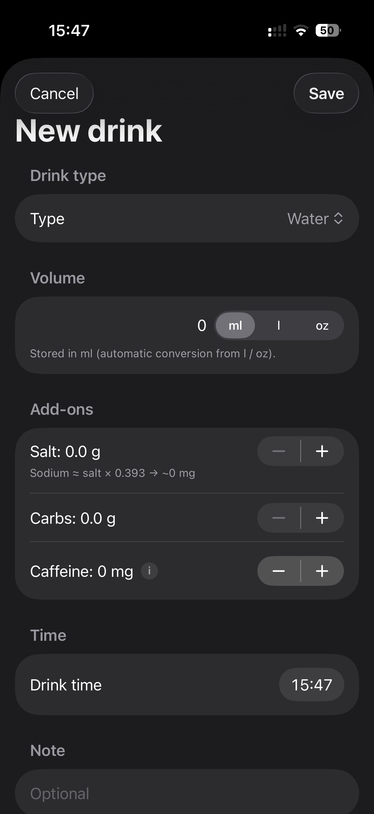 MEtrcs workout detail showing nutrition and hydration around training
