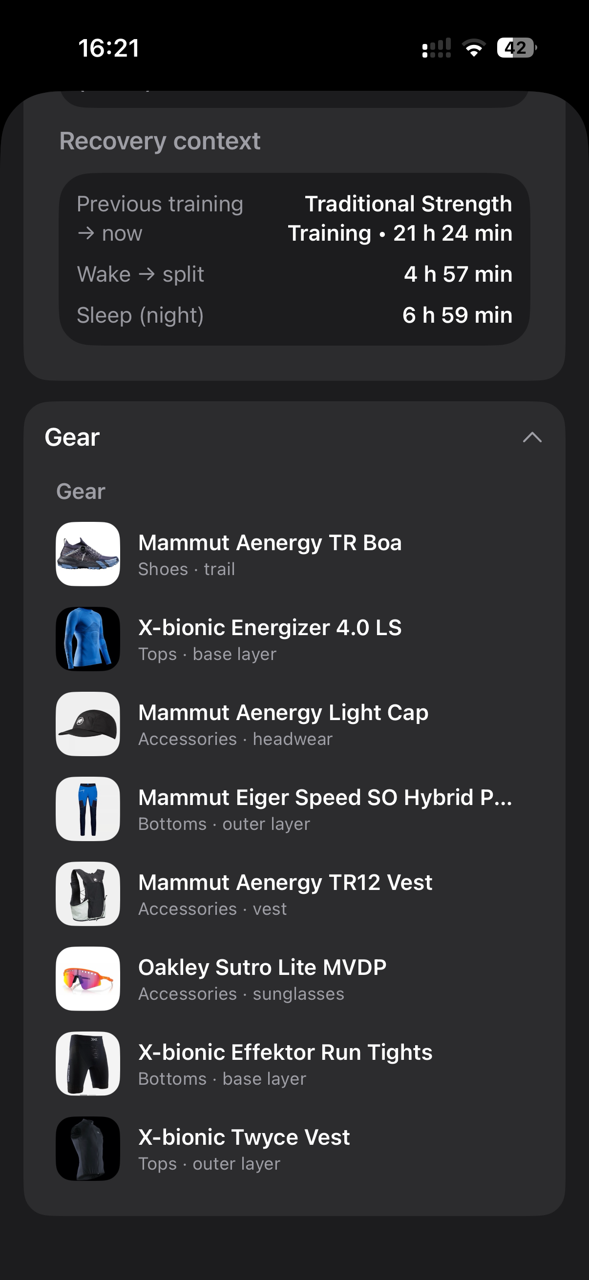 MEtrcs gear detail showing usage history and statistics for a training item