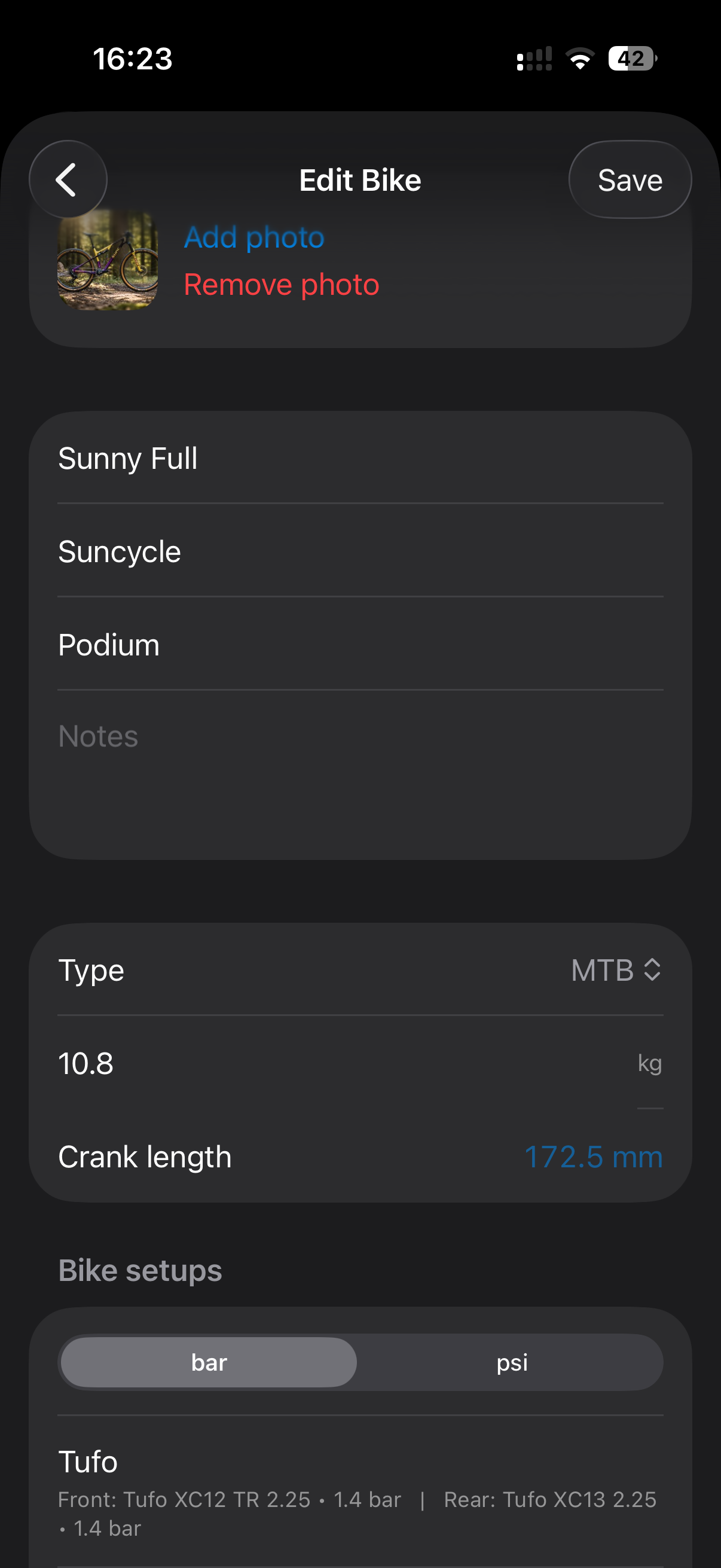 MEtrcs detailed bicycle setup with equipment attributes and configuration