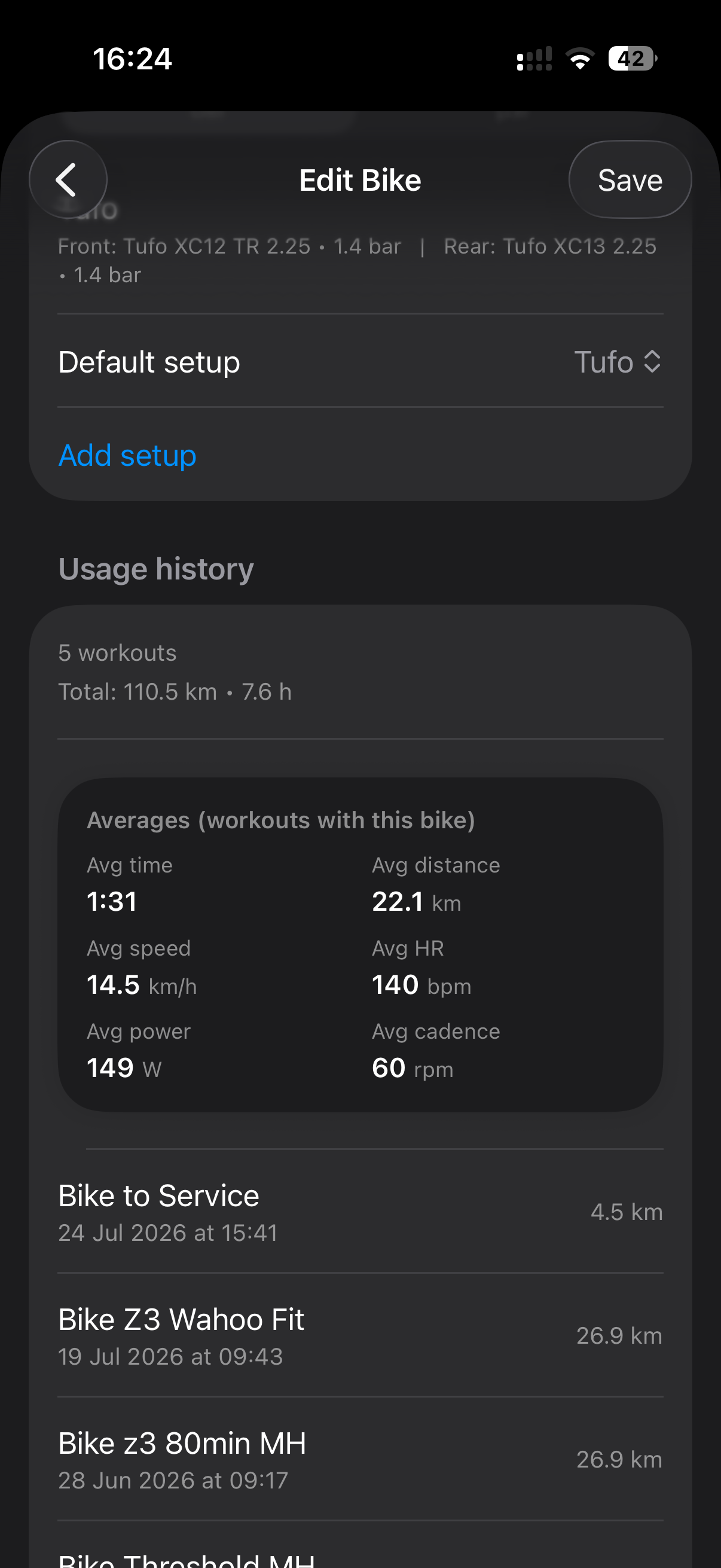 MEtrcs Training Comparator comparing gear and bicycle setups across workouts