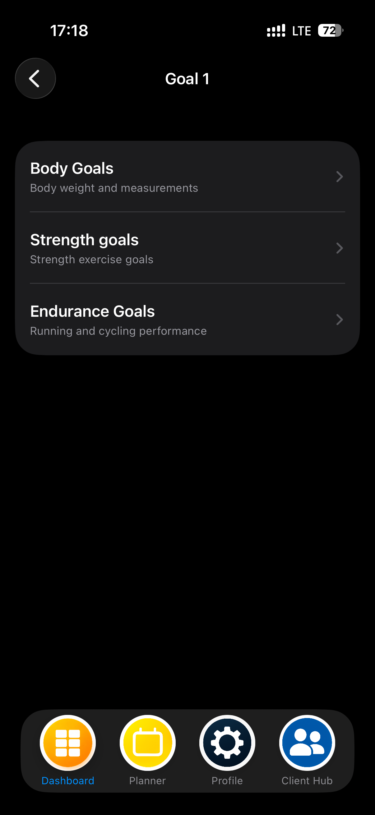 MEtrcs Goal Hub showing body composition, strength and endurance goal categories