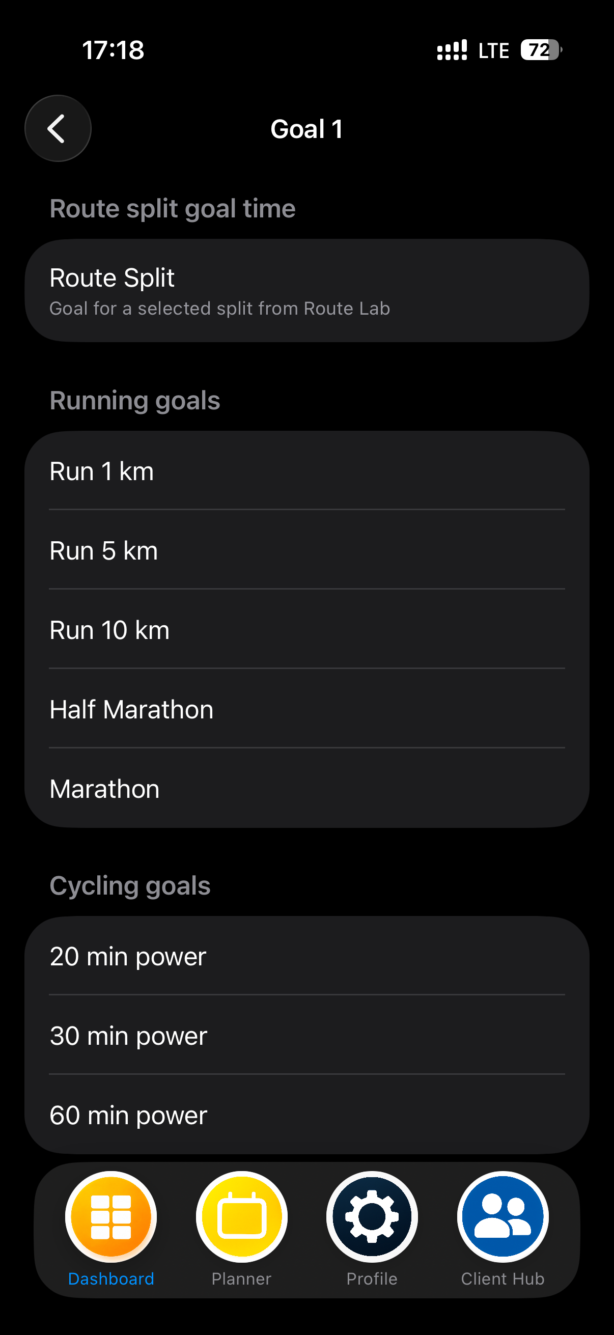 MEtrcs Goal Hub showing route, running and cycling performance goal options