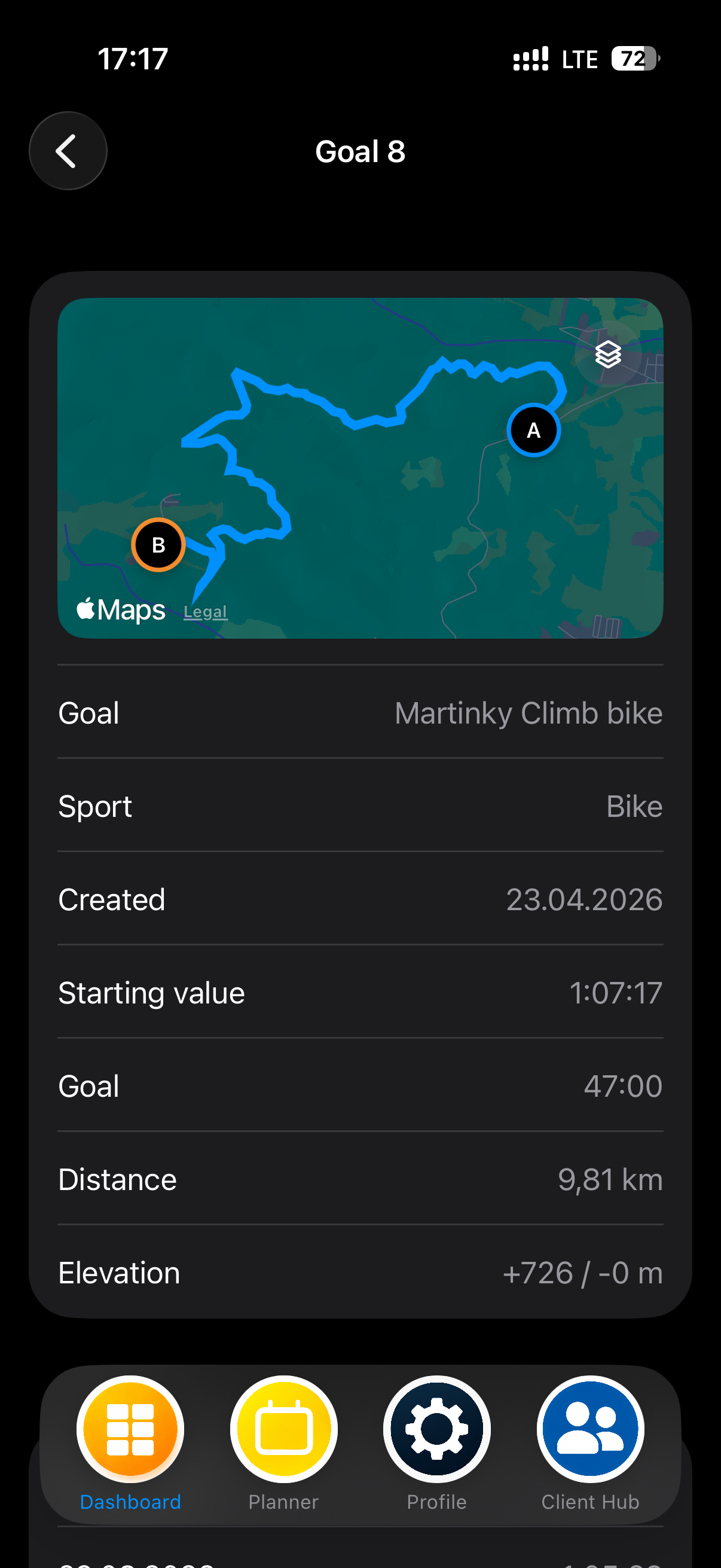 MEtrcs Goal Hub showing a route performance goal and its attempt history