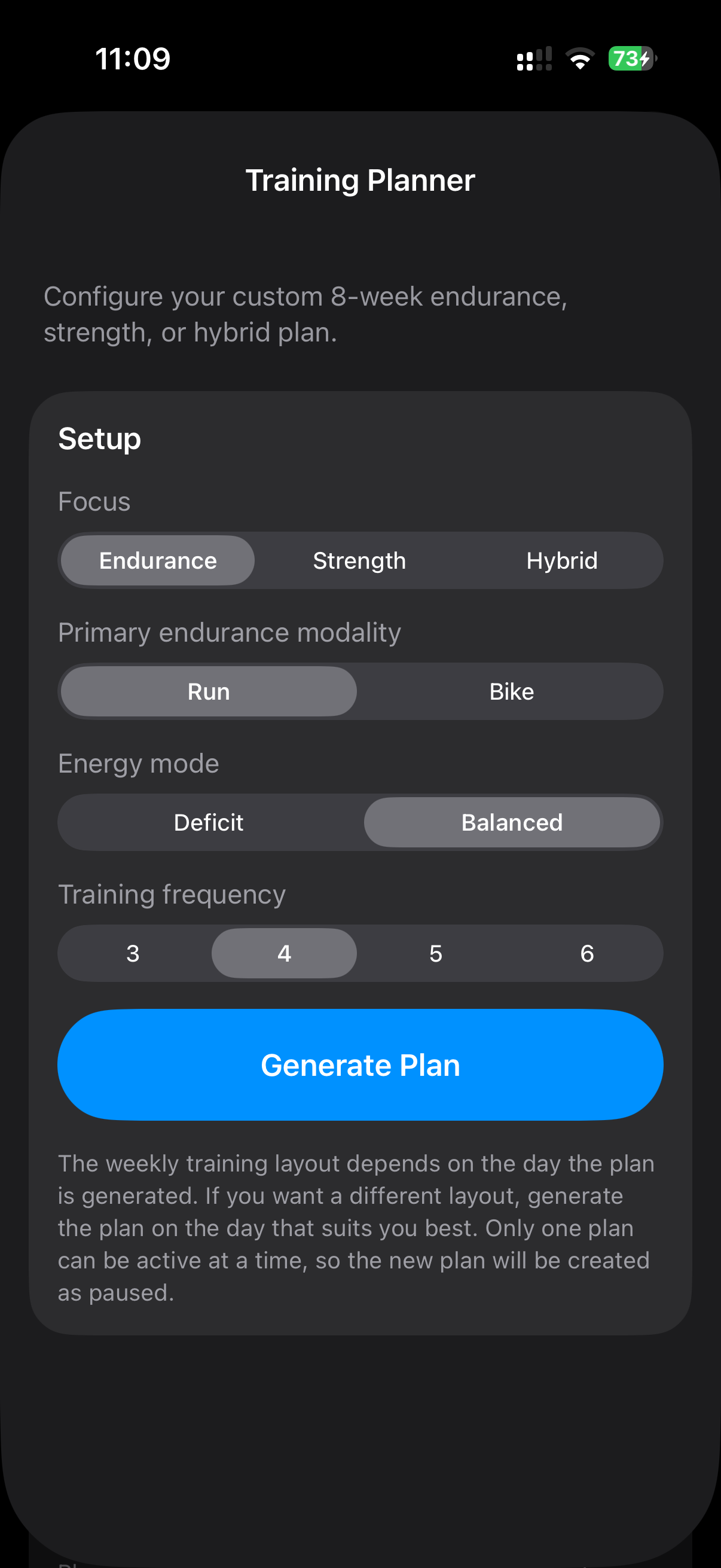 MEtrcs Planner showing an 8-week training and nutrition plan