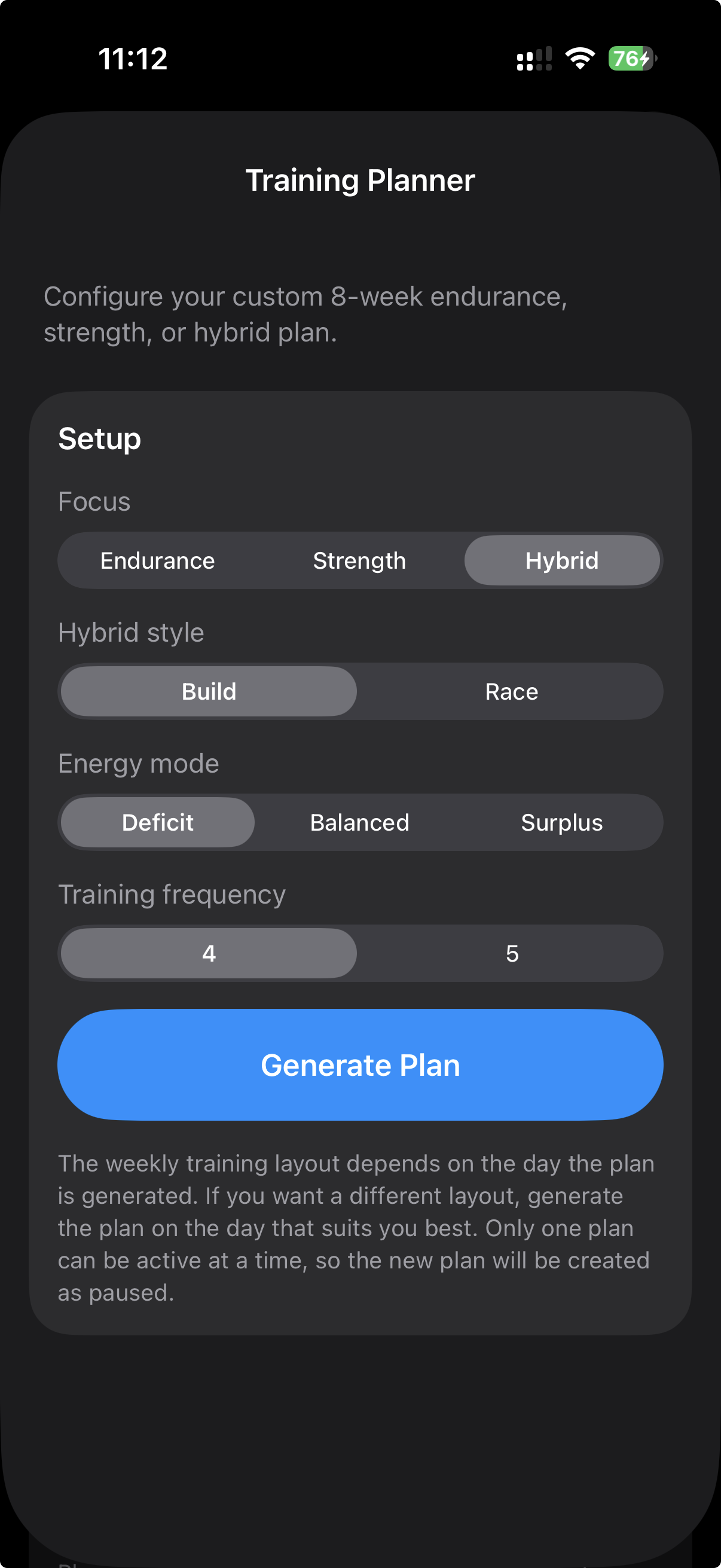 MEtrcs Planner showing a detailed daily workout prescription with strength and endurance training