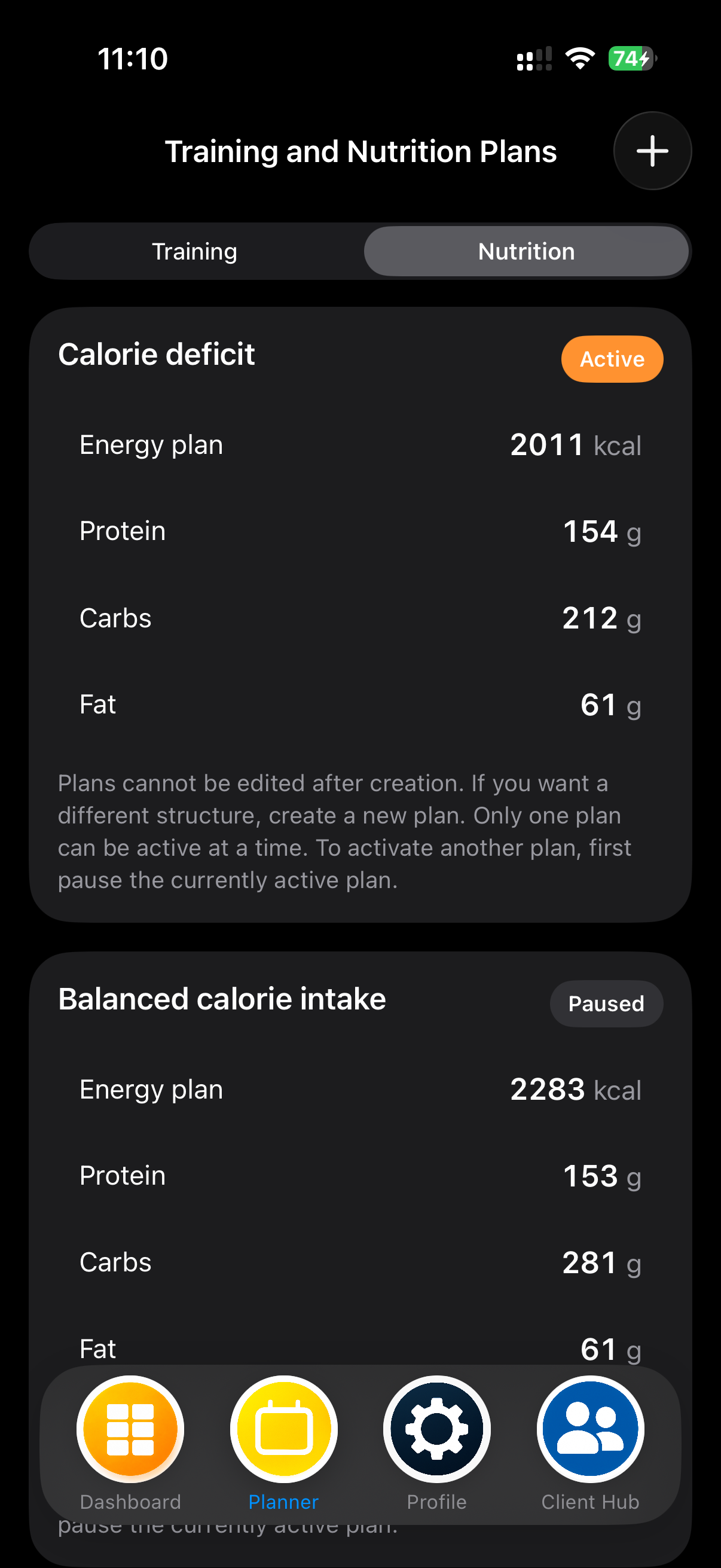 MEtrcs nutrition planner showing calorie and macronutrient targets