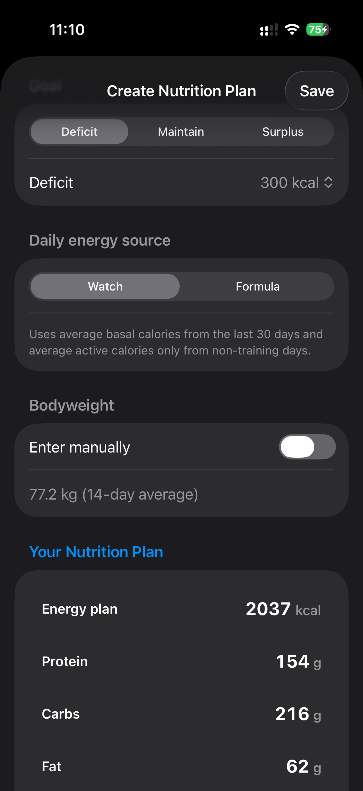 MEtrcs nutrition planner showing energy expenditure and calorie balance settings