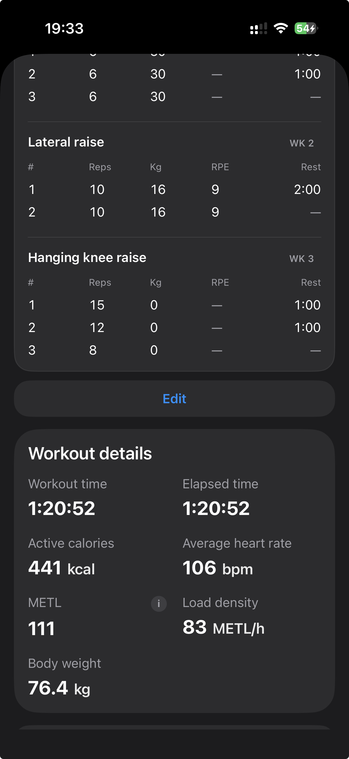 MEtrcs strength workout showing exercises and set-by-set training log