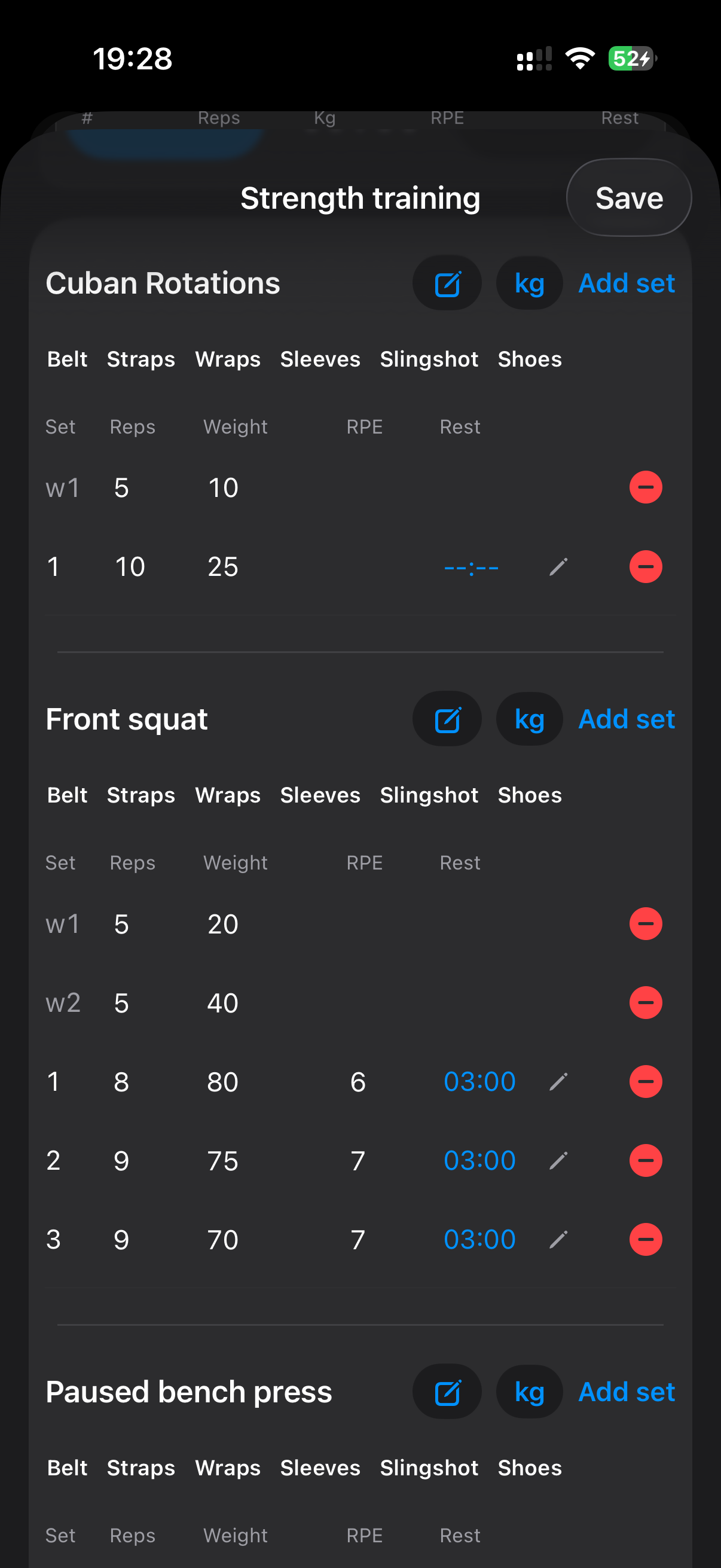MEtrcs strength training log showing reps, weight, RPE and working sets