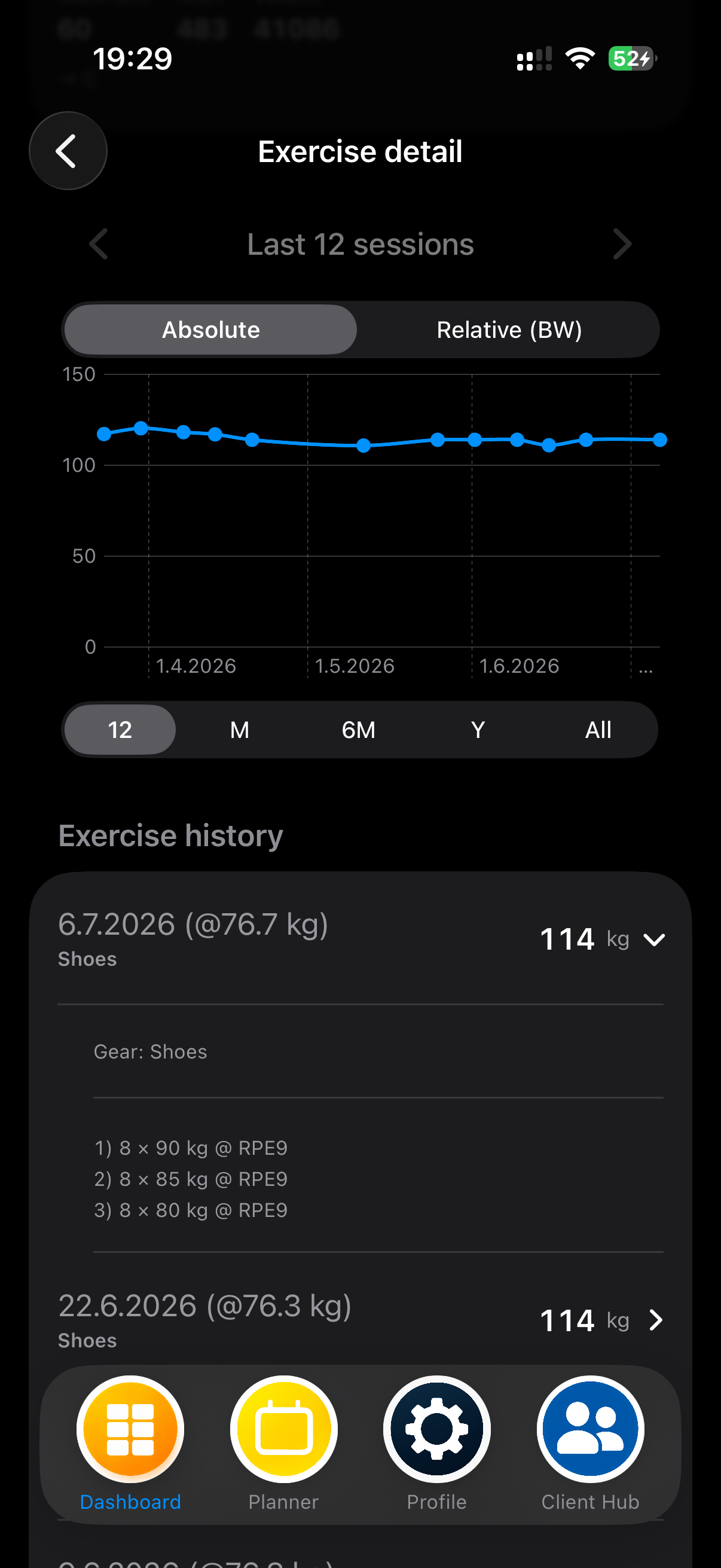 MEtrcs strength exercise detail showing progression across training history